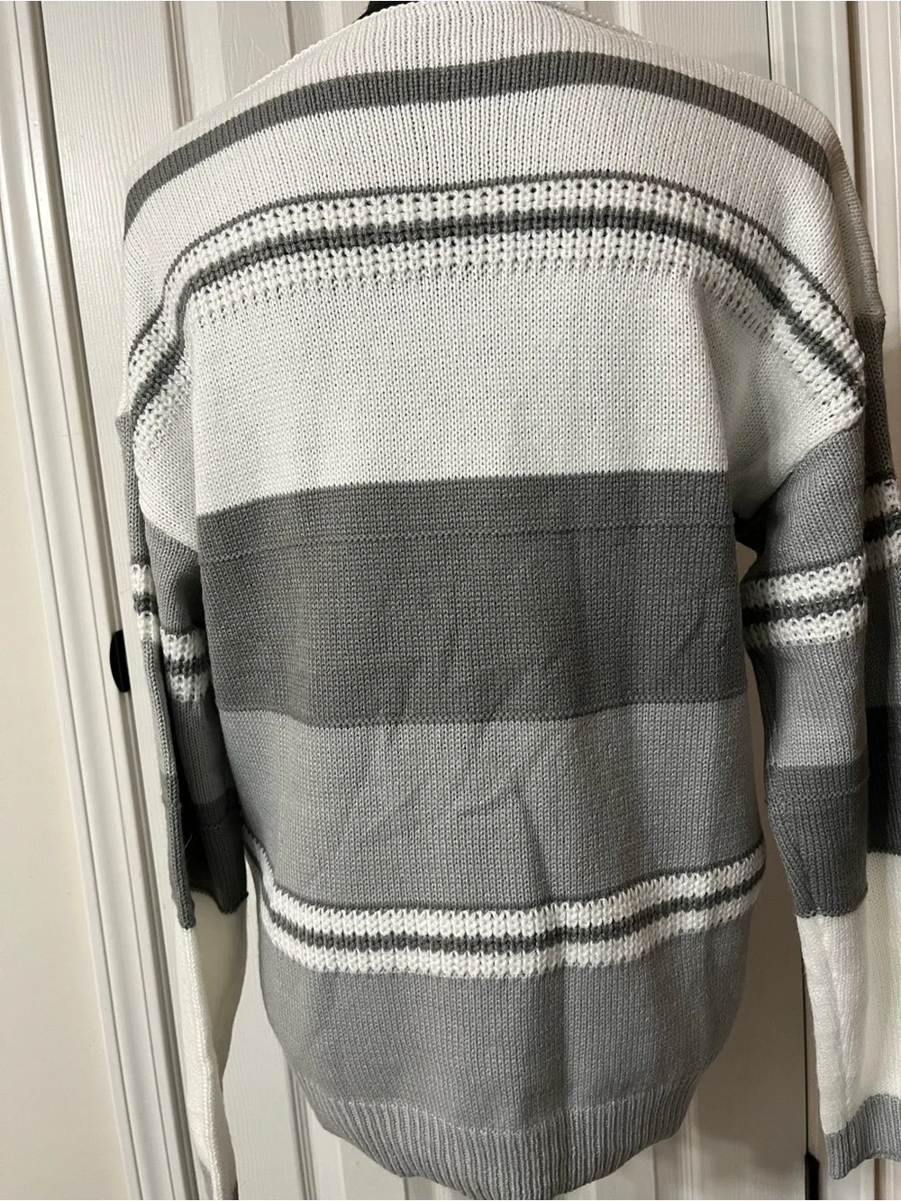 Gray & White Striped V-Neck Women's Sweater